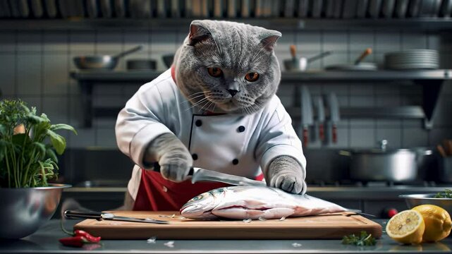 Cute fat cat skillfully cuts fish in a cozy kitchen setting with herbs and spices