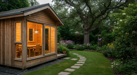 Idyllic Garden Retreat Featuring a Wooden Cabin and Stone Pathway