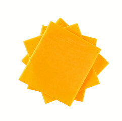 Stack of cheddar cheese slices, sliced natural cheese cheddar isolated on a white background, top view.