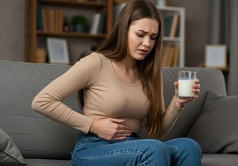 Obraz premium Young woman experiencing stomach pain while holding a glass of milk at home