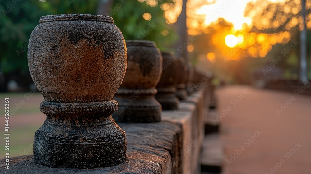 Poster stone pillars creating a railing captured against a golden sunset setting