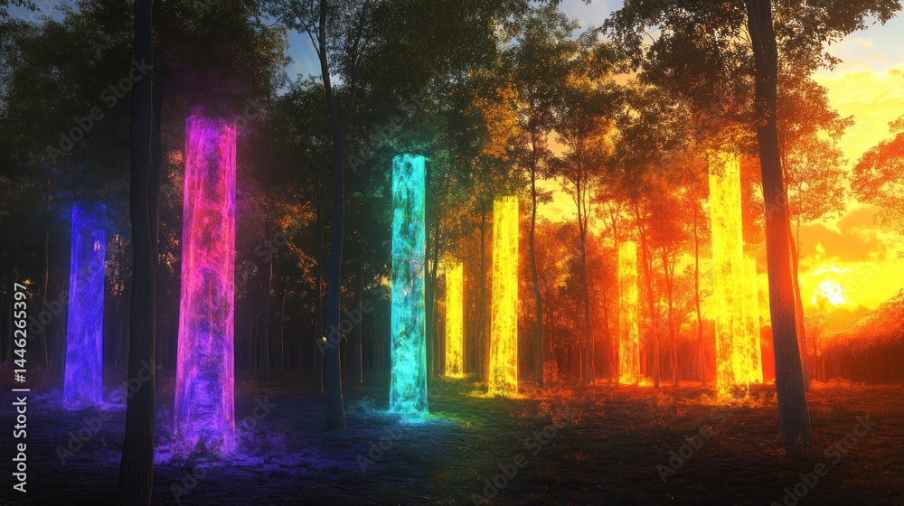 Poster tall columns of spectral light populate a forest landscape