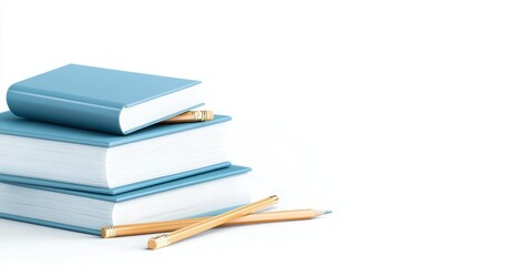 Three Blue Books Stacked with Pencils Resting On Them