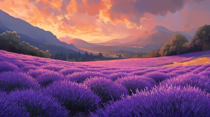 Naklejka premium Lavender field at sunset
