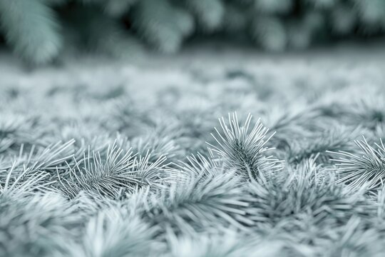 Close-up of frosty pine needles, showcasing intricate details and winter texture.