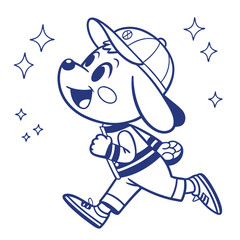 Joyful Cartoon Dog Running with Cap & Sparkles, Outline Style, White Background, Mascot
