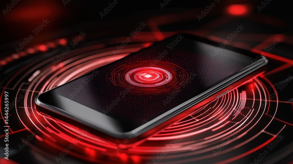 Poster Mobile phone displaying red circular interface on reflective surface