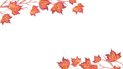 Hand drawn watercolor illustration. Frame of various autumn leaves painted in watercolor. Colorful illustration of autumn leaves for birthday, wedding, thanksgiving, holidays. Any creative designs.