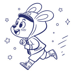 Energetic Cartoon Bunny Running, Hoodie, Shorts, Blue Outline, Joyful, White Background