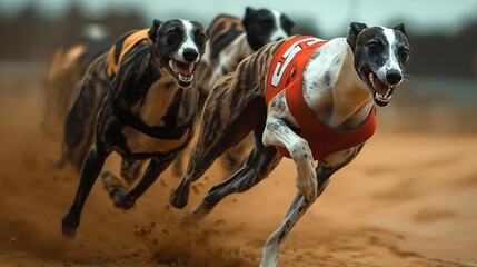  greyhound dogs in motion racing on a track