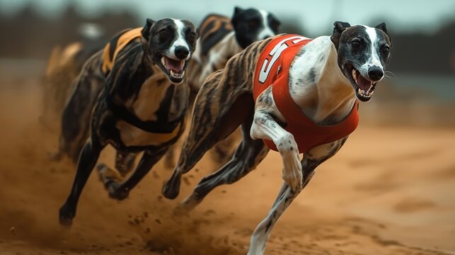  greyhound dogs in motion racing on a track