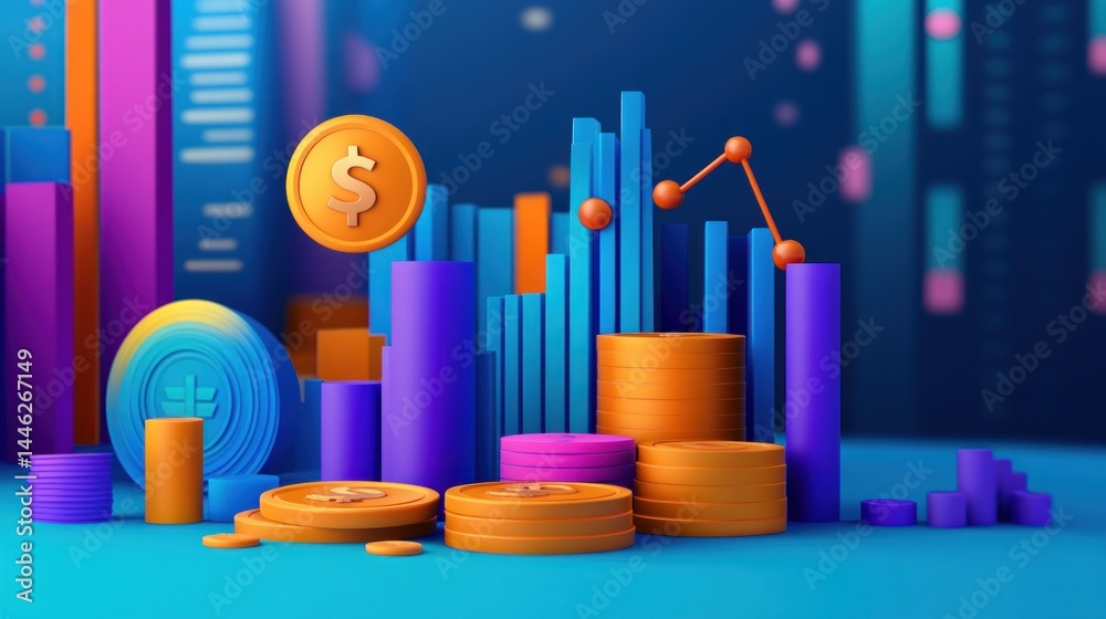 Poster stylized financial data visualization with coins and growth indicators