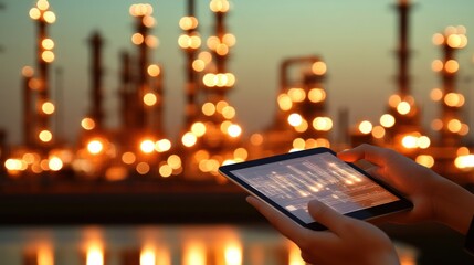 Person using a tablet at an industrial facility at night