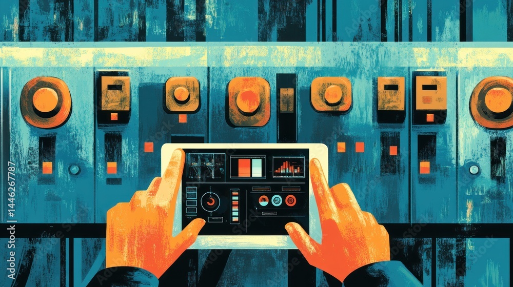 Poster hands using a tablet to monitor industrial control panel