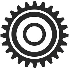 Zahnradsymbol mit doppelt konzentrischen Kreisen und schwarzen Zähnen, stilisiert im technischen Design