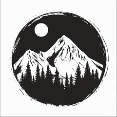 Fototapeta premium Mountain landscape moon forest trees nature outdoors adventure travel scenic peak black white circle art silhouette