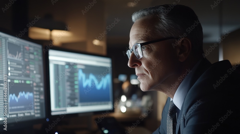 Poster Businessman intently analyzes financial data on multiple computer monitors