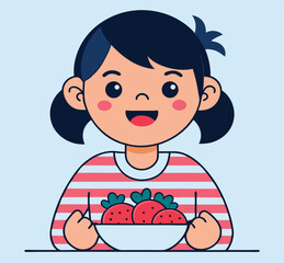 Smiling girl with dark hair and a striped shirt enjoys a bowl of strawberries