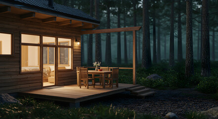 Fototapeta premium Cozy Cabin Retreat At The Edge Of A Forest On A Misty Evening