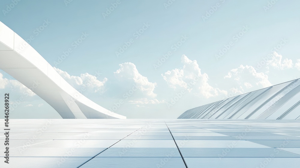 Poster Futuristic minimalist architecture with white structures against a cloudy sky