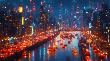 Obraz premium Futuristic city at night, vibrant lights, busy streets
