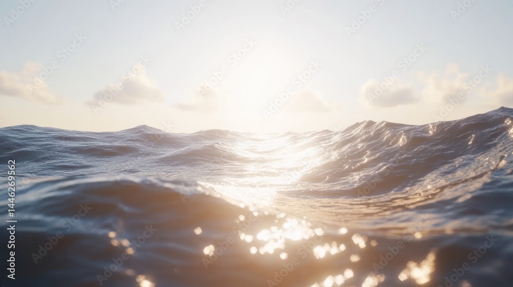 Poster waves roll gently under a bright sky with soft clouds
