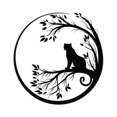 Silhouette of Cat on Branch with Leaves inside Circle Frame, Isolated on White