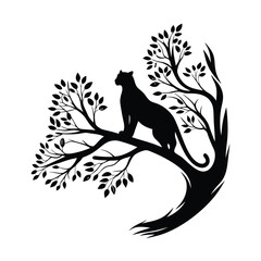 Silhouette of Panther Perched on Tree Branch with Leaves, Monochrome Wildlife