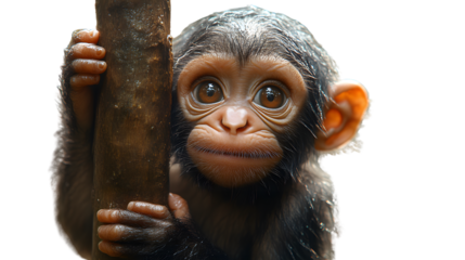 Adorable baby ape holding onto a tree trunk