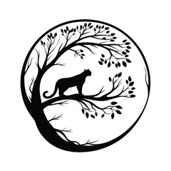 Silhouette of a Cat on a Tree Branch with Leaves in Circle Frame, Minimalist Art