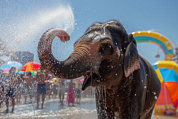 Joyful elephant joyfully spraying refreshing water on delighted people amidst vibrant and lively Songkran festival celebrations in bustling city of Bangkok, creating one colorful and happy atmosphere 