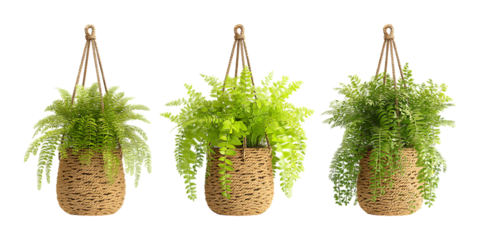 Pack of Hanging Wicker Planter with Artificial Fern Against Transparent Background for Home Decor, Indoor Gardening, or Boho Style Projects