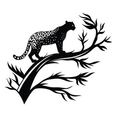 Silhouette Jaguar Leopard Standing on Branch, Black and White Feline Mammal Design