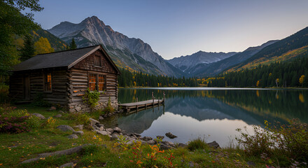 Obraz premium Secluded Log Cabin Beside Crystal Lake Surrounded by Majestic Mountains
