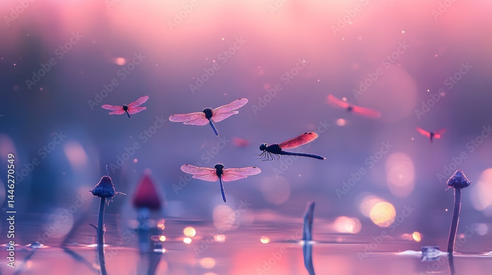 Poster Dragonflies float over a reflective surface at twilight or dawn