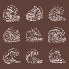 Vintage cartoon ocean tidal storm waves surfing and seascape, vector illustration