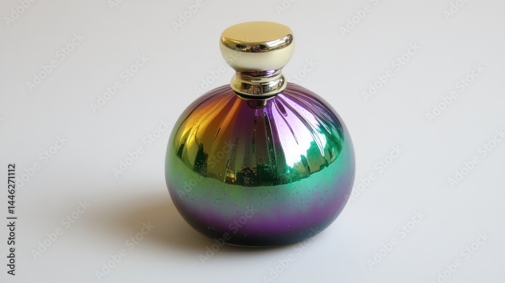 Poster iridescent sphere shaped bottle with a golden spherical cap