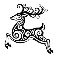 Swirling Reindeer Silhouette Elegant Black Design on White Background, Leaping Animal