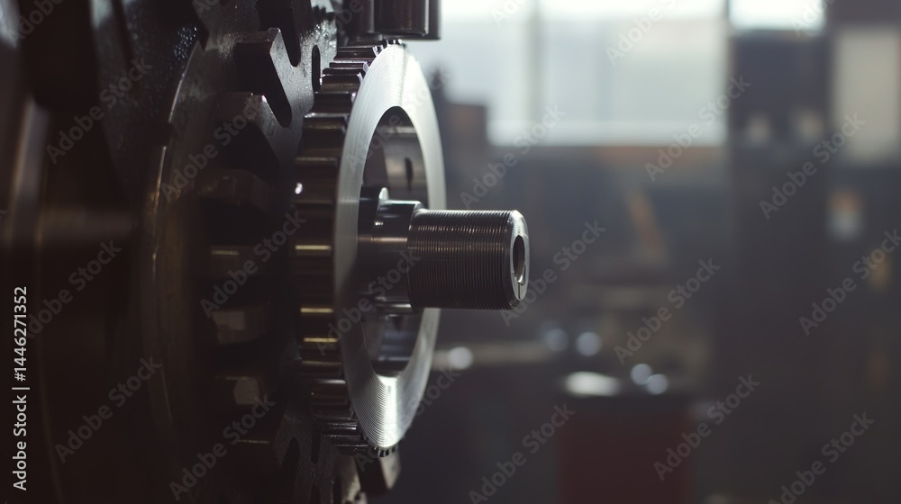 Poster close up of industrial gears and machinery components in workshop