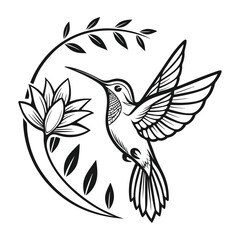 Vector Illustration of a Hummingbird Silhouette with Elegant Wings in Flight, Encircled by a Lotus Flower and Leafy Branch for Nature-Inspired and Decorative Art Projects