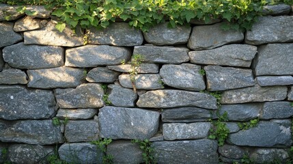Rustic stone wall with greenery and sunlight shadows