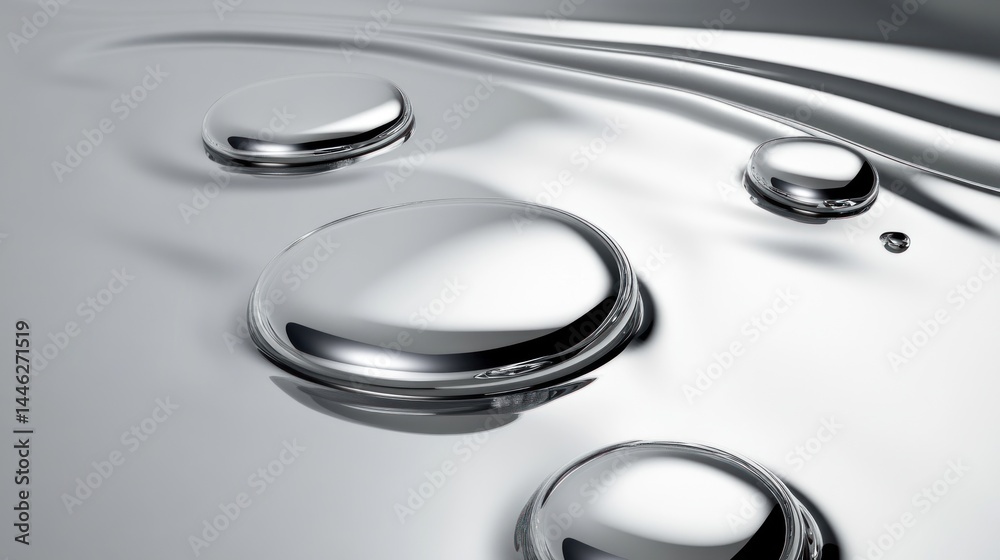 Poster silver liquid droplets clustered on reflective surface under studio lighting