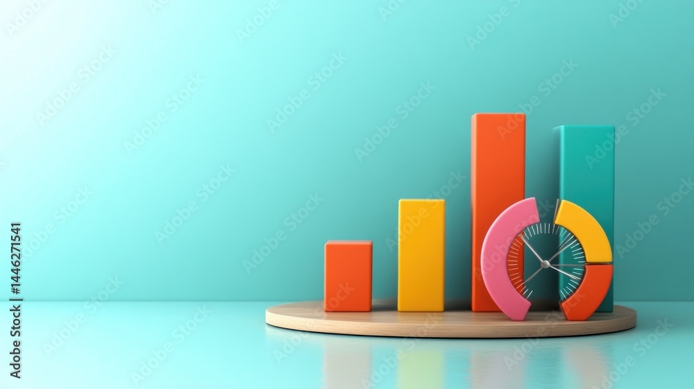 Poster colorful bar graph with clock segments on wooden platform