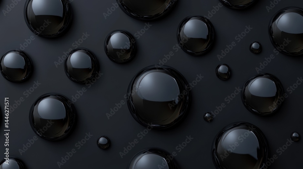 Poster shiny black spheres of varying sizes rest on flat surface