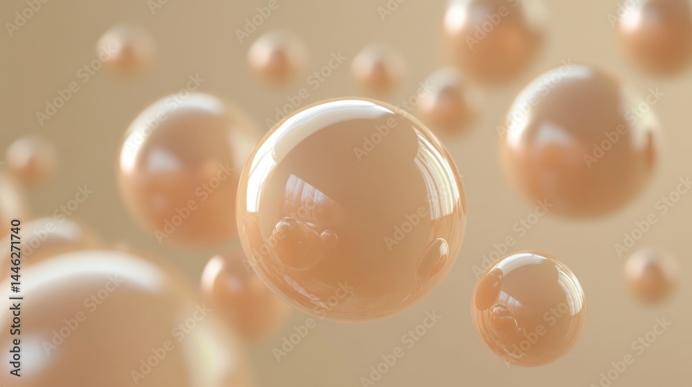 Poster group of shiny reflective beige spheres floating in a space