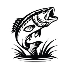 Bass Fish Leaping Silhouette, Black and White Isolated Over Water with Grass, Open Mouth