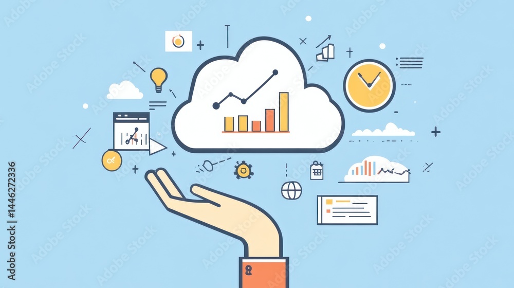 Poster Hand holding cloud containing data and analytics icons