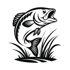 Black and White Fish Silhouette Jumping Out of Water and Grass Isolated on White