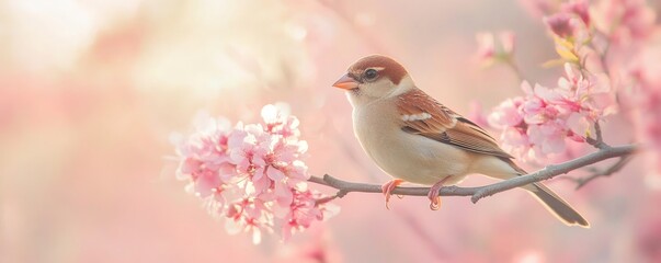 Fototapeta premium A small brown bird sits peacefully on a flowering tree branch