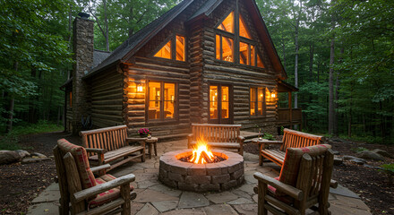 Fototapeta premium Inviting Cabin In The Woods With Glowing Fire Pit At Nightfall
